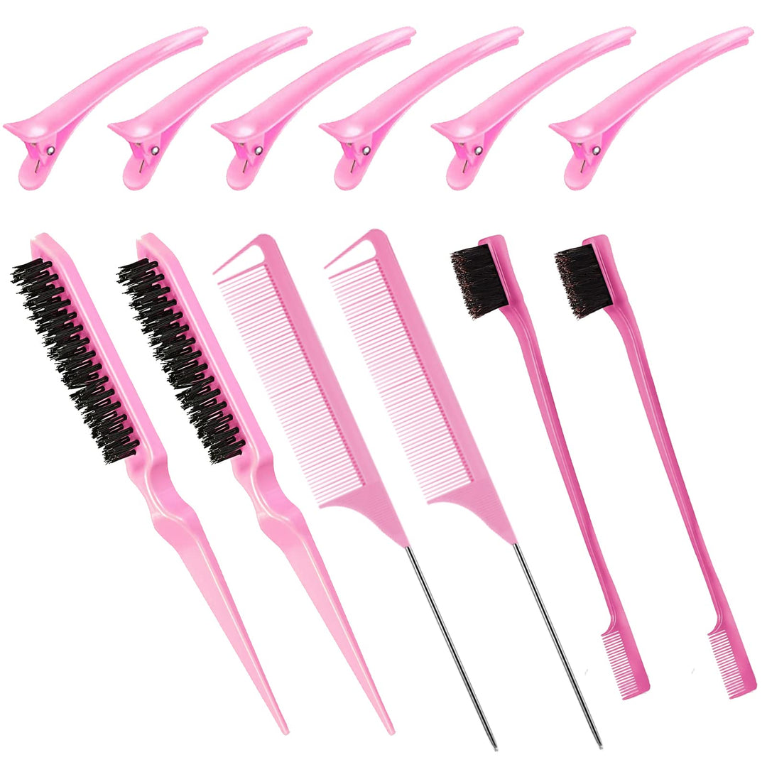 12 Pieces Hair Styling Comb Hair Brush Set, Nylon Teasing Hair Brush Rat Tail Comb With Duckbill Clips, Double Sided Edge Brush