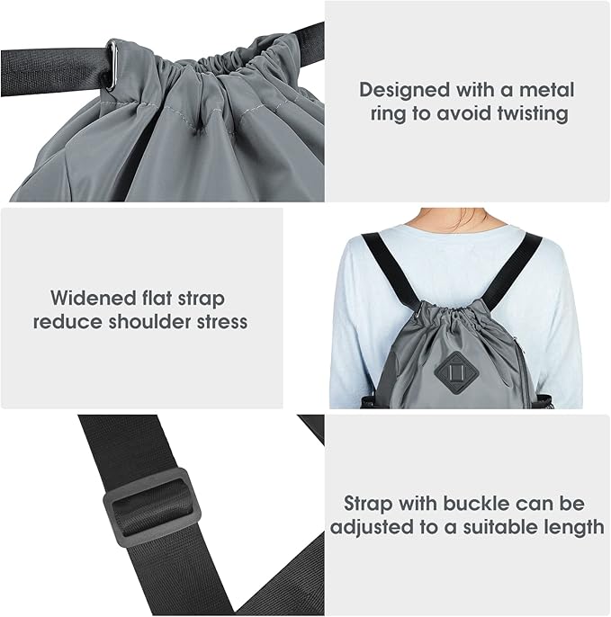 WANDF Drawstring Backpack Sports Gym Bag with Shoes Compartment, Water-Resistant String Backpack Cinch for Women Men(Small,Grey)