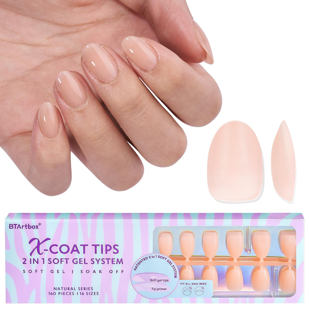 Btartbox 160Pcs Almond Plastic False Nails, Extra Short With Primer Cover, Jelly Xcoattips, 16 Sizes, Full Well Tips, Pressure C