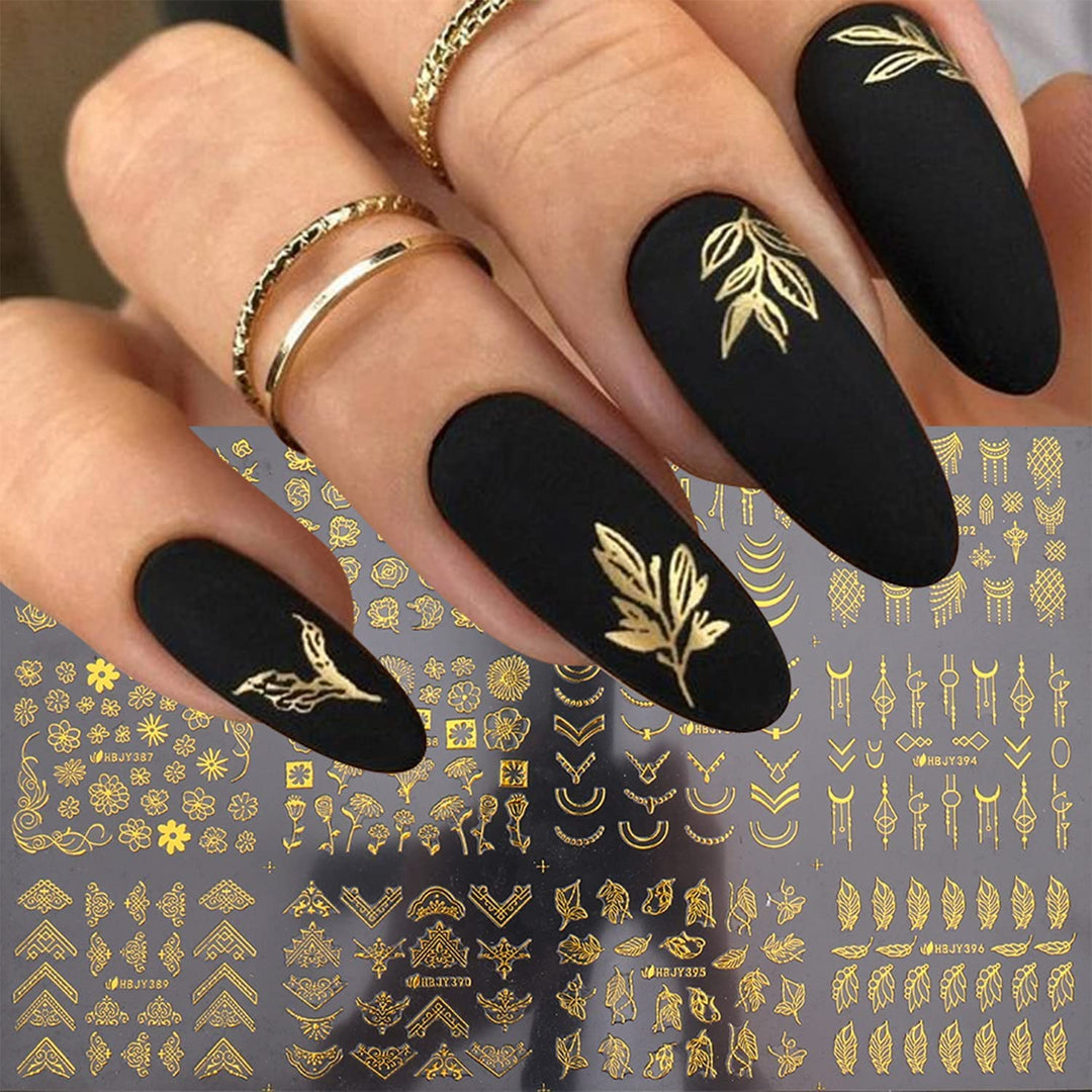 Flowers Nail Art Stickers Decal 3D Self-Adhesive Gold Flower Leaf Lace Nail Supplies Flower Nail Stickers Geometry Line Nail Des