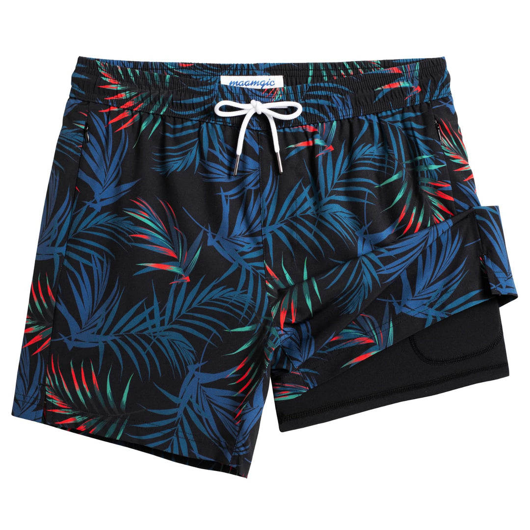 maamgic Mens Swim Trunks with Compression Liner 5" Stretch Athletic Swimming shorts Quick Dry with Zipper Pockets No-Chafing Board Shorts Black-Orange Leaf Silhouette X-Small