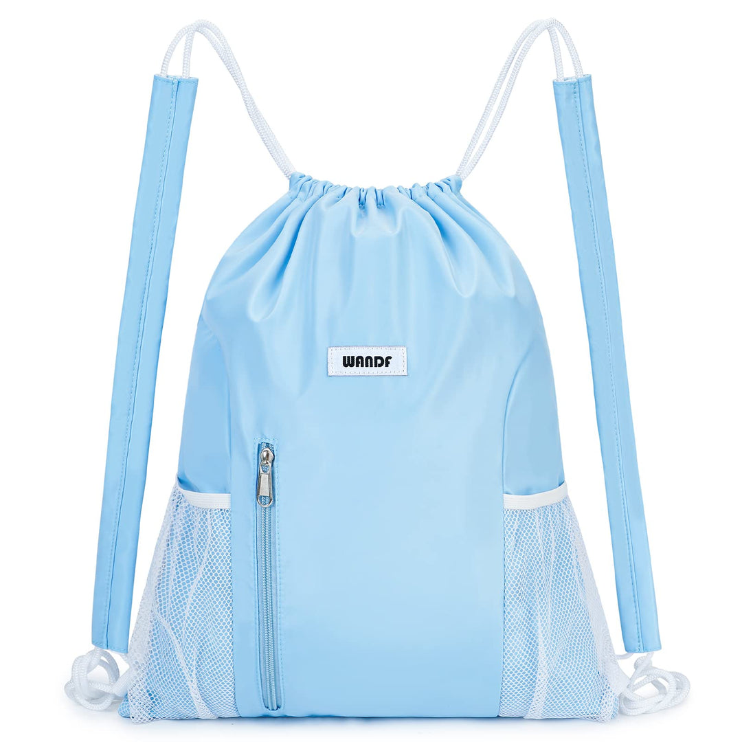 WANDF Drawstring Backpack with Shoulder Pad Sports Gym Backpack with Mesh Pocket String Bag for Women Men(Blue)