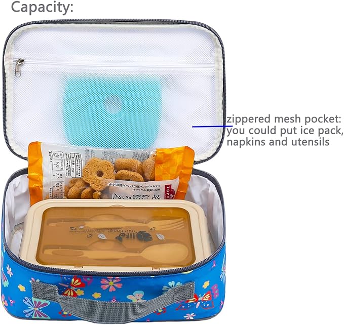 FlowFly Kids Lunch box Insulated Soft Bag Mini Cooler Back to School Thermal Meal Tote Kit for Girls, Boys, Butterfly