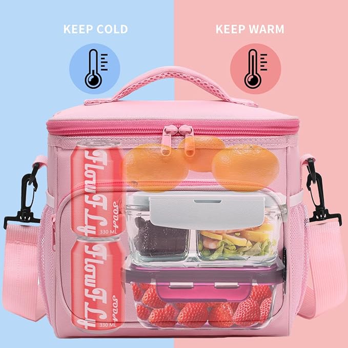 FlowFly Insulated Reusable Lunch Bag Adult Large Lunch Box for Women and Men with Adjustable Shoulder Strap,Front Zipper Pocket and Dual Large Mesh Side Pockets,Pink