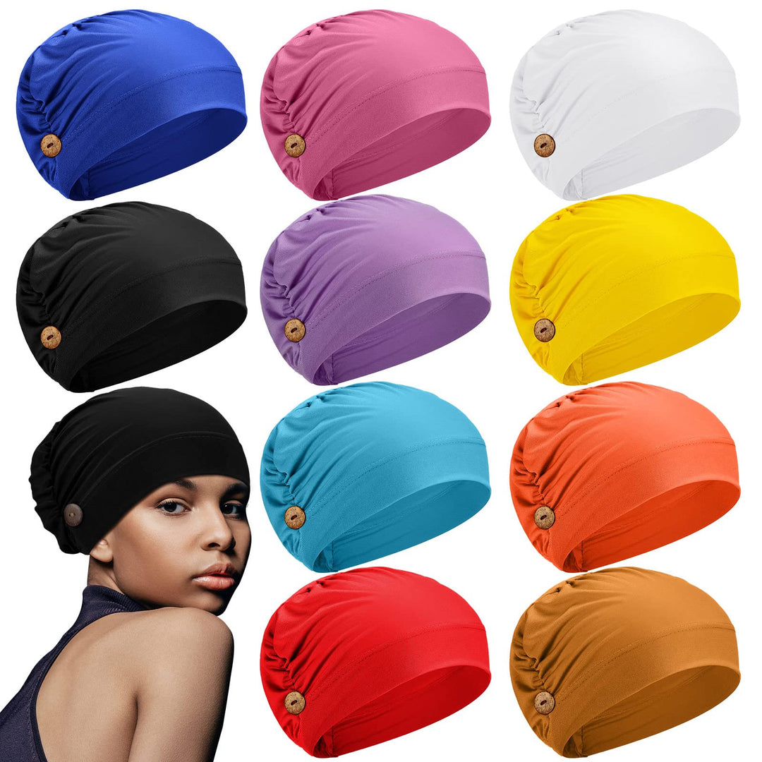Geyoga 10 Pcs Soft Bouffant Caps With Buttons, Gourd-Shape Caps Stretch Bouffant Hat Stretchy Headband Turban (Bright Colors)