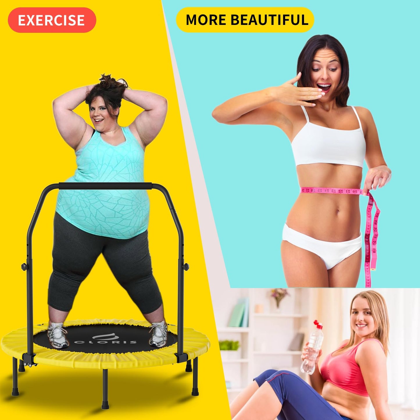 CLORIS 38in/40in/48in Folding Trampoline Mini Rebounder Fitness Trampoline with Adjustable Foam Handle for Kids/Adult, with safty Padded Cover Best Gift for Kids/Adult (Yellow)โฆ (40in-Yellow)