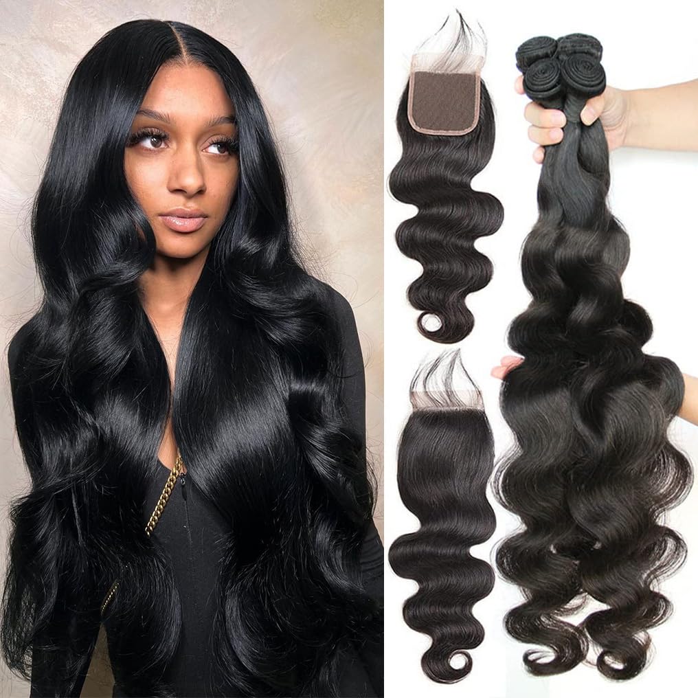 Menalue Human Hair Bundles With Closure 100% Brazilian Virgin Body Wave Bundles With Closure 10A Remy Bundles Human Hair With Cl