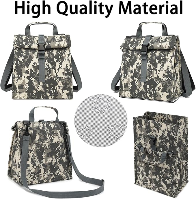 Insulated Lunch Bag for Men/Women/Kids, Roll top Reusable Lunch Box with Adjustable Shoulder Strap, Thermal Lunch Cooler Tote Container for Adults/Teens School Work Office Picnic,Black,Camo