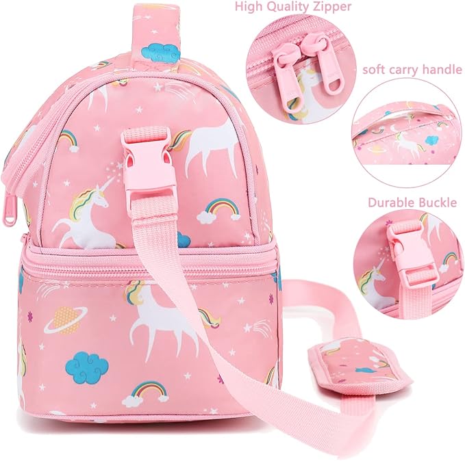 FlowFly Kids Double Decker Cooler Insulated Lunch Bag Large Tote for Boys, Girls, Men, Women, With Adjustable Strap, Unicorn