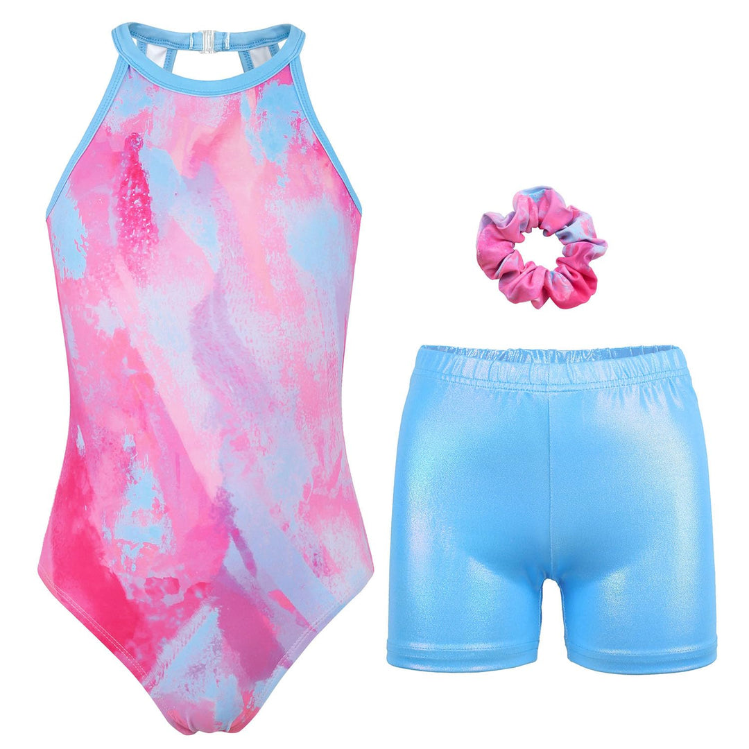JOYSTREAM Gymnastics Leotards for Girls With Shorts Sparkly Ballet Dance Clasp Back Activewear Powderblue Tie-dye,6-7Years
