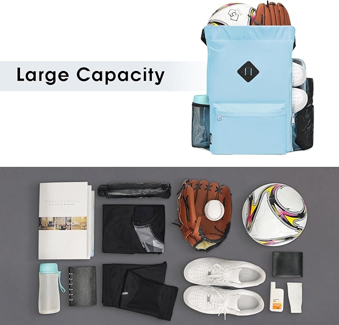 WANDF Drawstring Backpack Sports Gym Bag with Shoes Compartment, Water-Resistant String Backpack Cinch for Women Men(Large,Light blue)