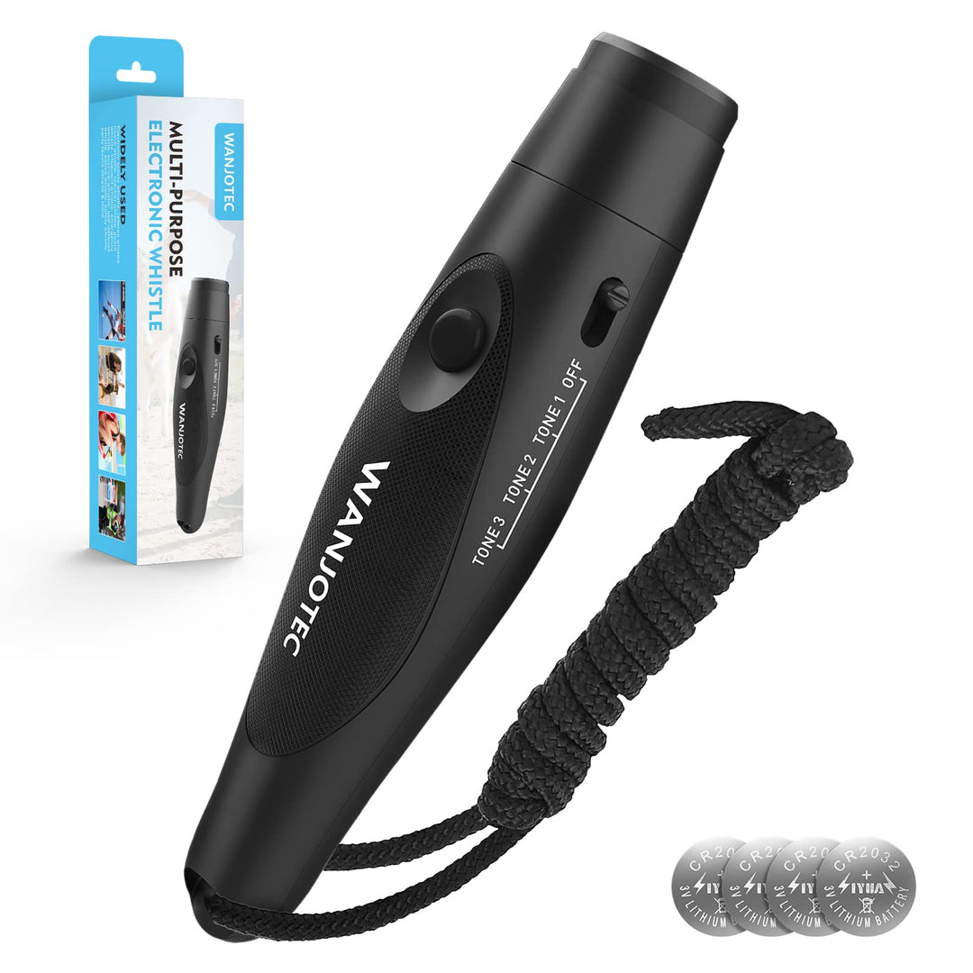 WANJOTEC Electronic Whistle,Handheld Electronic Whistles, 3 Tone High Volume Whistle Emergency, Adjustable Volume Whistle with Lanyard for Teacher Coach Referee,Volleyball Soccer Outoor Sports-Black