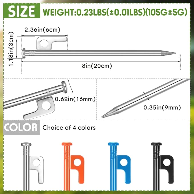 Blulu 24 Pcs 8/12/16 Inch Tent Stakes Heavy Duty Steel Metal Tent Pegs Unbreakable and Inflexible Metal Stakes Tent Spikes for Camping, Yard Decoration, Picnic, Tarp(Silver, 8 Inch)