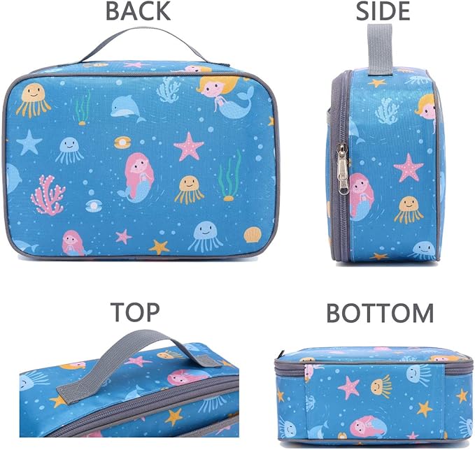 FlowFly Kids Lunch box Insulated Soft Bag Mini Cooler Back to School Thermal Meal Tote Kit for Girls, Boys, Mermaid