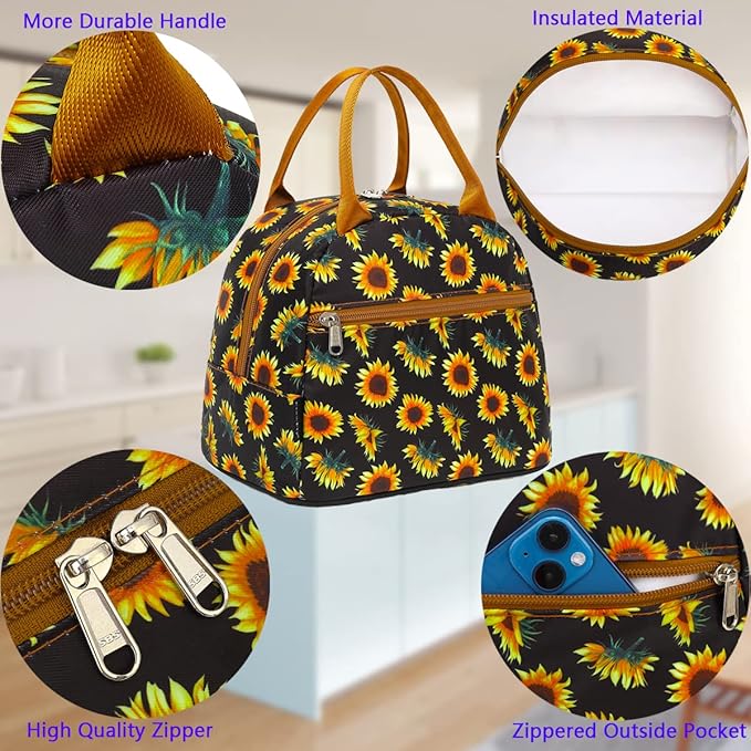 FlowFly Insulated Reusable Lunch Bag Adult Large Lunch Box Lunch Tote for Women and Men,With Front Pocket,SunFlower