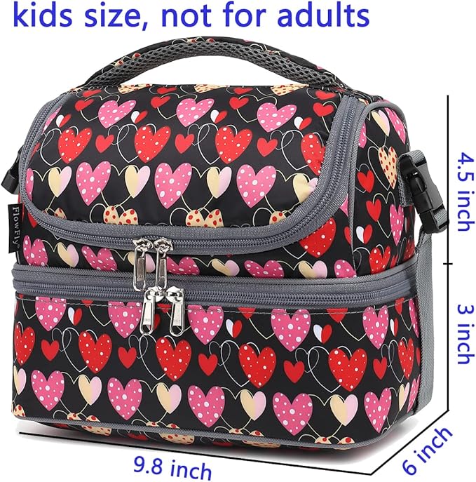 FlowFly Double Decker Cooler Insulated Lunch Bag Large Tote for Boys, Girls, Men, Women, With Adjustable Strap,Heart
