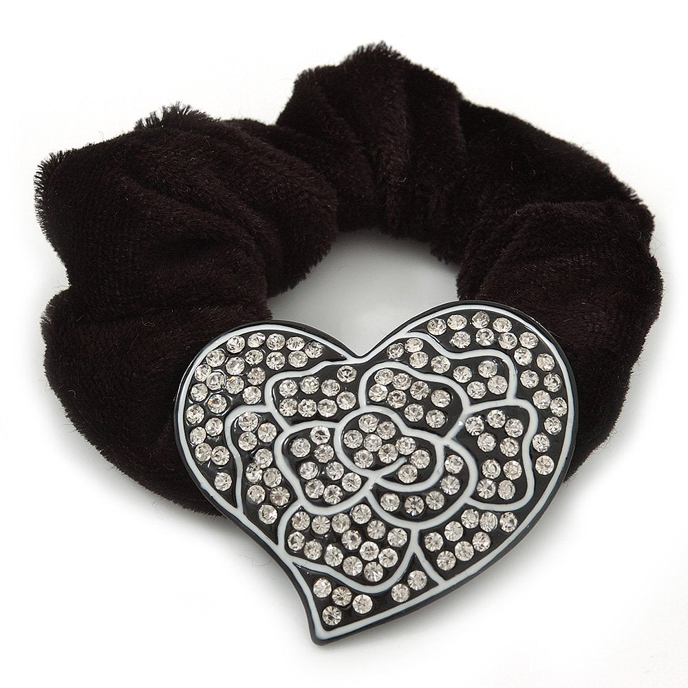 Large Crystal Classic 'Heart' Pony Tail Black Hair Scrunchie - Clear