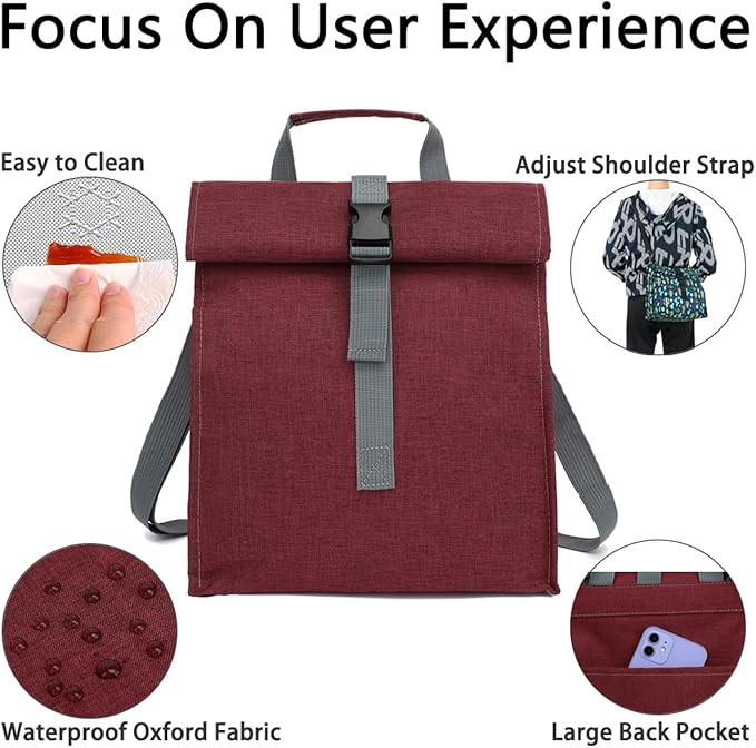 Insulated Lunch Bag for Men/Women/Kids, Roll top Reusable Lunch Box with Adjustable Shoulder Strap, Thermal Lunch Cooler Tote Container for Adults/Teens School Work Office Picnic,Red