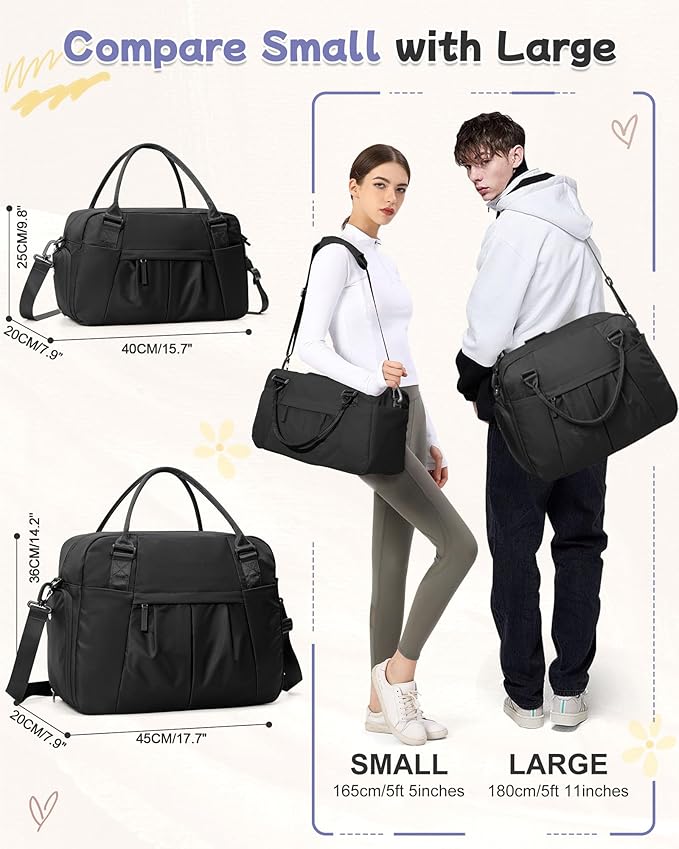 Small Black Gym Duffle Bag for Women Men with Shoe Compartment, Mini Cute Weekender Handbag Carry on Travel Bag for Airplane, Water Resistant Sports Yoga Tote Bag with Dry Wet Separated Pocket.