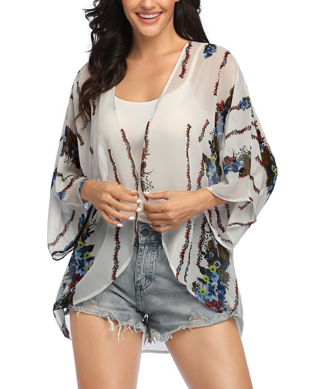 YnimioAOX Women's 3/4 Sleeve Floral Kimono Cardigan, Sheer Loose Capes, Casual Blouse Tops,X-Large,D11-white Floral