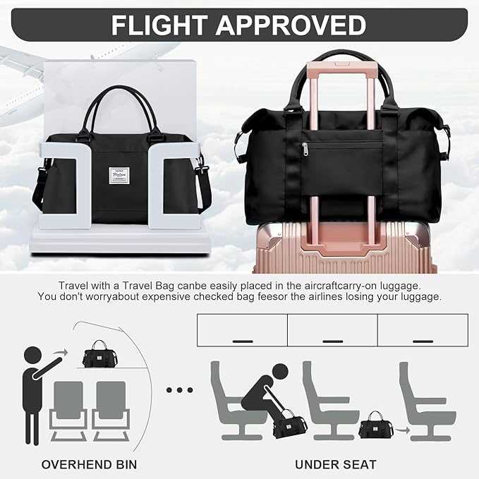 Weekender Duffel Bags for Women Men, Travel Totes Bag for Airplane, Cute Sports Gym Dance Overnight Luggage Bag with Wet Pocket, Carry On Hospital Bag for Labor and Delivery (Large Black)