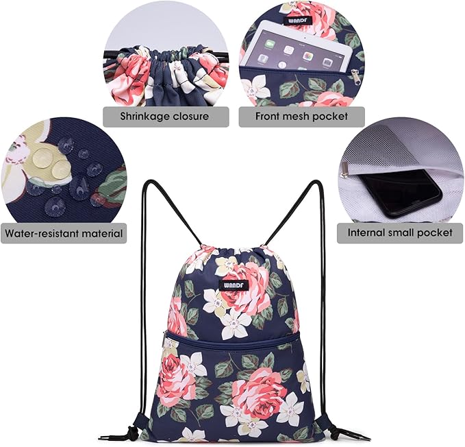 WANDF Drawstring Backpack String Bag Sackpack Cinch Water Resistant Nylon for Gym Shopping Sport Yoga (Peony)