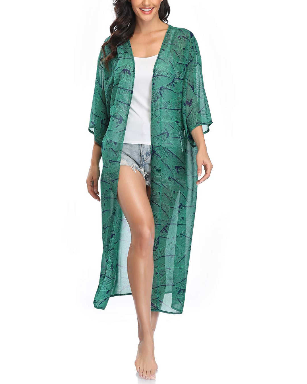 YnimioAOX Women's Long Sheer Floral Kimono Cardigan, Summer Chiffon Blouse Loose Tops,A16-green