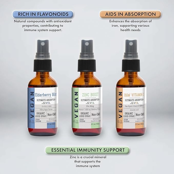 Immunity Pack Liquid Vitamins (Pack of 3) Sambucus Nigra Elderberry Mist, Zinc Boost Mist and Vitamin C Mist (Extra Strength) and Organic Vegan Vitamin B12 Supplement Liquid Mist