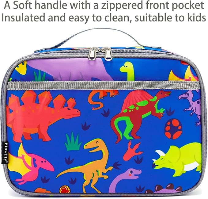 FlowFly Kids Lunch box Insulated Soft Bag Mini Cooler Back to School Thermal Meal Tote Kit for Girls, Boys, Dinosaur