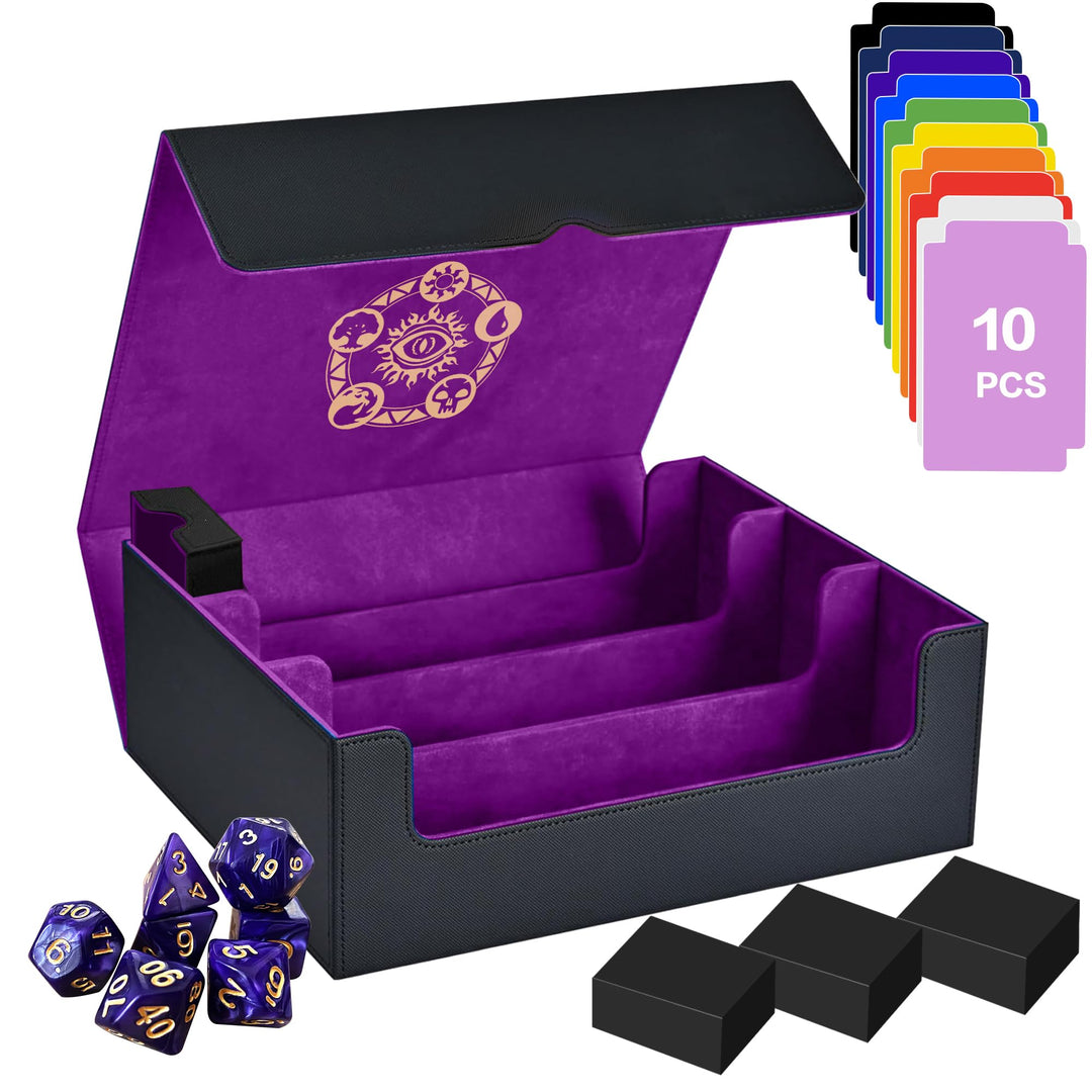 PROMAXIBINDER Trading Card Storage Box for MTG/TCG/YuGiOh, Commander Deck Case Fits 2000+ Cards, 10 Dividers, Dice Set, 3 Foam Stoppers, PU Leather, Magnetic Closure, Magic, Sports Cards (Purple)