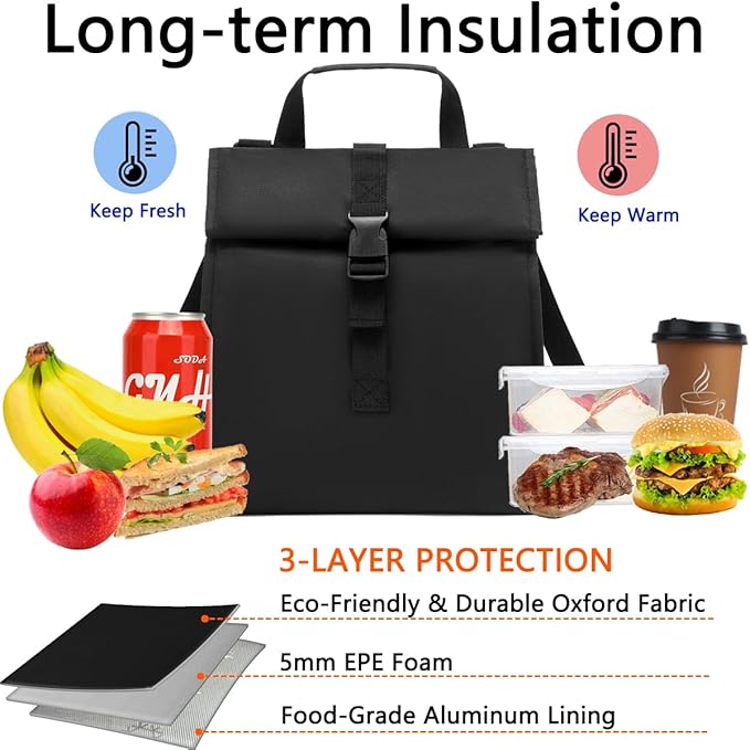 Insulated Lunch Bag for Men/Women/Kids, Roll top Reusable Lunch Box with Adjustable Shoulder Strap, Thermal Lunch Cooler Tote Container for Adults/Teens School Work Office Picnic,Black