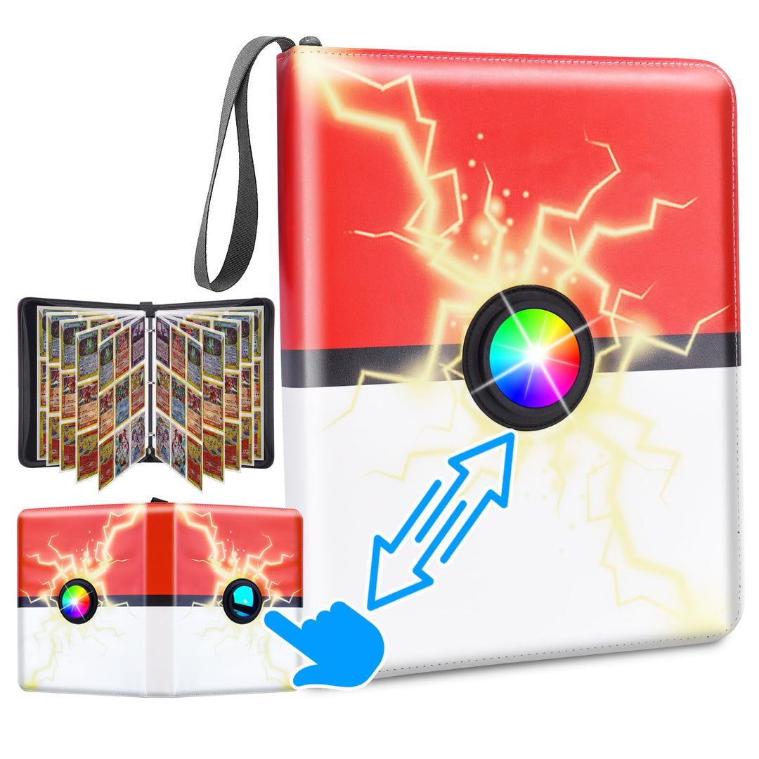Card Binder 9 Pocket,Trading Card Binder,with 7 Colorful Light Flashing Cards Binder,900 Card Capacity, Durable Leather, Zipper Closure, Convenient Handle