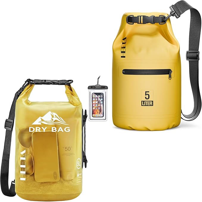 HEETA Waterproof Dry Bag with Phone Case Bundled with Upgraded Dry Bag with Zippered Pocket for Women & Men, Roll Top Lightweight Dry Storage Bag Backpack for Kayaking, Boating, Camping (Yellow 5L)