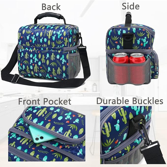 FlowFly Double Layer Cooler Insulated Lunch Bag Adult Lunch Box Large Tote Bag for Men, Women, With Adjustable Strap,Front Pocket and Dual Large Mesh Side Pockets