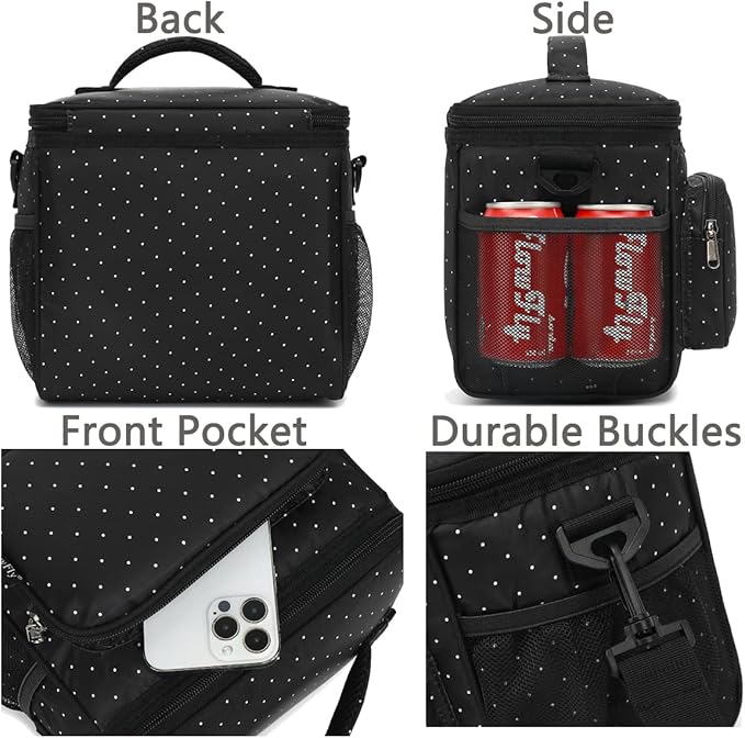 FlowFly Insulated Reusable Lunch Bag Adult Large Lunch Box for Women and Men with Adjustable Shoulder Strap,Front Zipper Pocket and Dual Large Mesh Side Pockets,Dot
