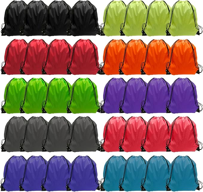 GoodtoU 40 Pack Drawstring Backpacks Bulk - Waterproof Nylon Cinch Bags for School, Gym, Homeless Care Packages (10 Colors) - Lightweight Reusable Sports Sack for Kids & Adults