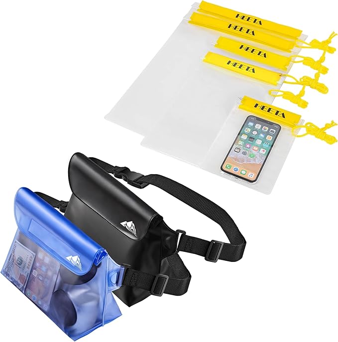HEETA 2-Pack Waterproof Pouch with Waist Strap, Transparent Screen Touchable Dry Bag Bundled with 5-Pack Clear Waterproof Dry Bag