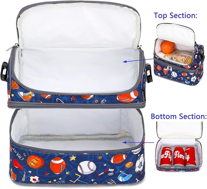 FlowFly Double Decker Cooler Insulated Lunch Bag Large Tote for Boys, Girls, Men, Women, With Adjustable Strap, Football
