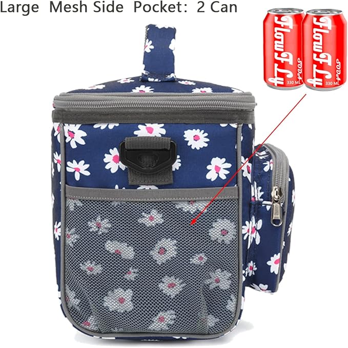 FlowFly Insulated Reusable Lunch Bag Adult Large Lunch Box for Women and Men with Adjustable Shoulder Strap,Front Zipper Pocket and Dual Large Mesh Side Pockets,Daisy