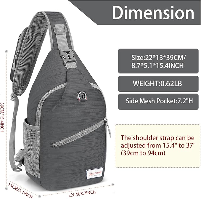 ZOMAKE Sling Bag for Women Men, Small Crossbody Sling Backpack, Mini Water Resistant Shoulder Daypack for Travel, Anti Thief Chest Bag for Hiking, Sports, Black(Stripe)