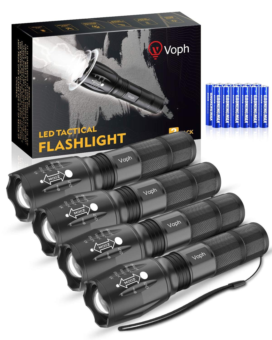 Voph Flashlight 4 Pack, 5 Modes 2000 Lumens Tactical LED Flashlights, High Lumen Waterproof Focus Zoomable Flash Light, Portable Flashlight for Camping Hiking Emergency Outdoor Home