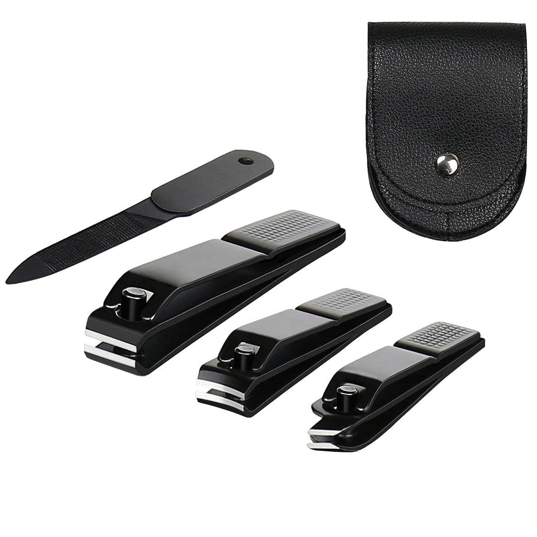 4 Pieces Nail Clippers Set, Ultra Sharp Sturdy Black Stainless Fingernail, Toenail Clipper Cutters And A Nial File With Leather