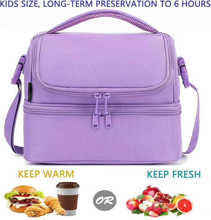 FlowFly Double Decker Cooler Insulated Lunch Bag Large Tote for Boys, Girls, Men, Women, with Adjustable Strap,Purple