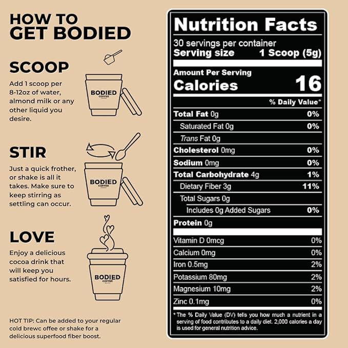 BODIED Fiber Cocoa PREBIOTIC - Chocolate Flavored - Boost GLP-1, Psyllium Husk, SolNul, Gut Health, Digestion & Immunity, Zero Added Sugar, Keto, Paleo Fasting Friendly 30 Servings.