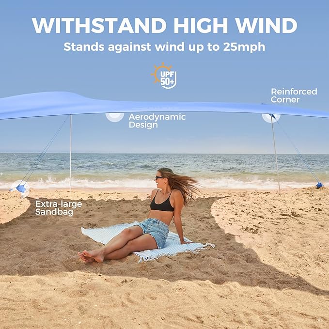 WEKAPO Beach Tent Sun Shelter - Easy Setup Beach Canopy with 4 Sturdy Poles, Large Sandbags and Shovel, 7'1'' Tall, Windproof Sun Shade for Backyard and Camping, UPF 50+ Protection