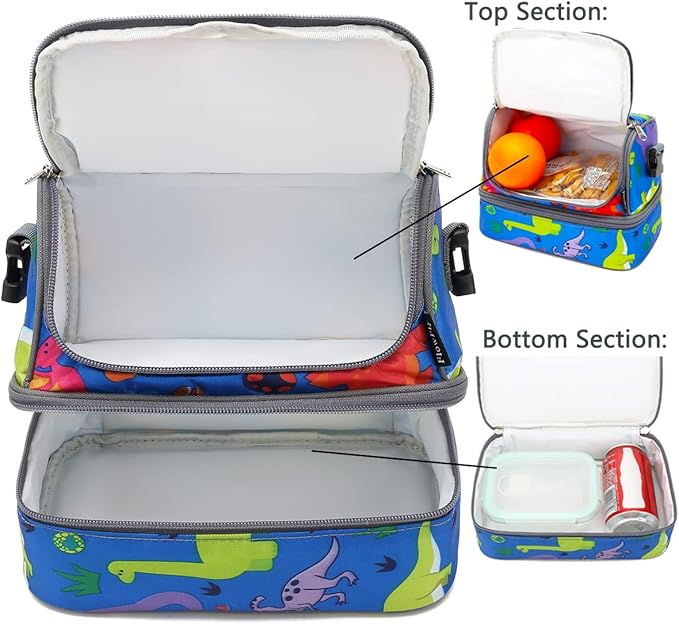 FlowFly Kids Double Decker Cooler Insulated Lunch Bag Large Tote for Boys, Girls, Men, Women, With Adjustable Strap, Dinosaur