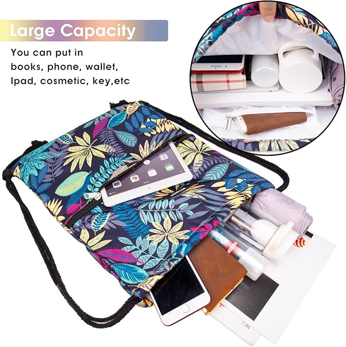 WANDF Drawstring Backpack String Bag Sackpack Cinch Water Resistant Nylon for Gym Shopping Sport Yoga (Blue Leaf.)