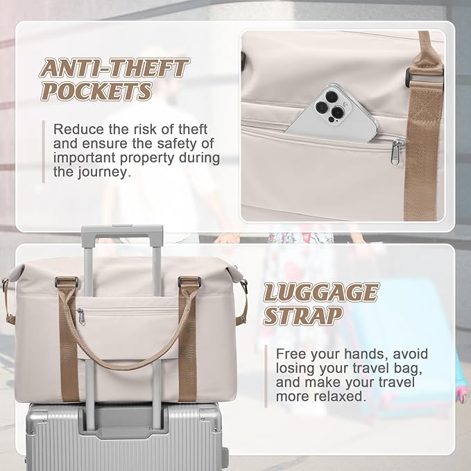 Sports Duffel Bags for Women Beige Weekender Travel Totes Bag for Airplane, Cute Sports Gym Dance Overnight Luggage Bag with Wet Pocket, Carry On Hospital Bag for Labor and Delivery