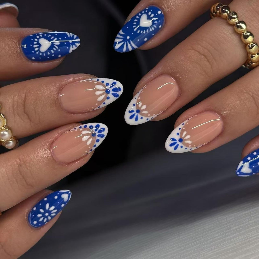 Blue White Totem Press on Nails French Tip Fake Nails Short Almond False Nails with Design Heart Glue on Nails Glossy Artificial Acrylic Full Cover Nude Stick on Nails for Women Manicure 24Pcs
