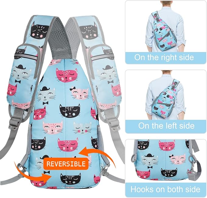 ZOMAKE Sling Bag for Women Men, Small Crossbody Sling Backpack, Mini Water Resistant Shoulder Daypack for Travel, Anti Thief Chest Bag for Hiking, Sports(Cat's Head Light Blue)